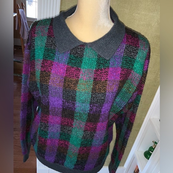 Vintage Country Suburbans Acrylic Checkerboard/Striped Sweater Purple Gray Green - Picture 3 of 9